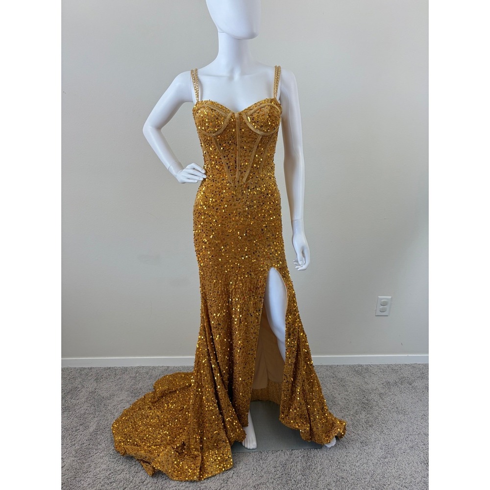 Gold Sequin Sz 0 Corset Mermaid Prom Formal Gown Lace Up Back Train Thigh Slit‎